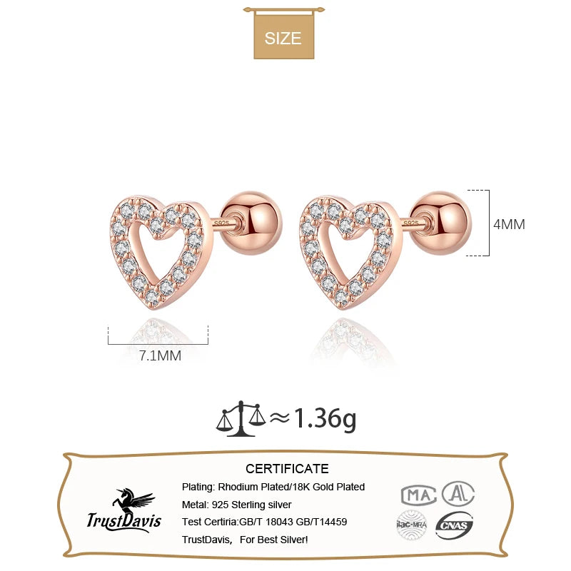 Romantic Heart Shiny CZ Beads Screw Stud Earrings DA2249