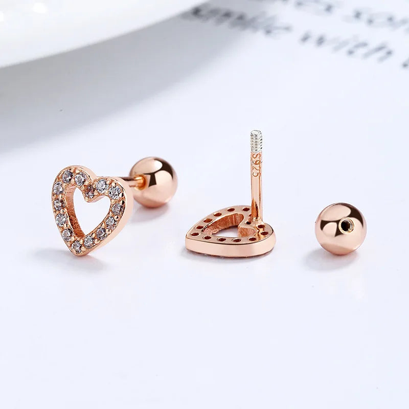 Romantic Heart Shiny CZ Beads Screw Stud Earrings DA2249