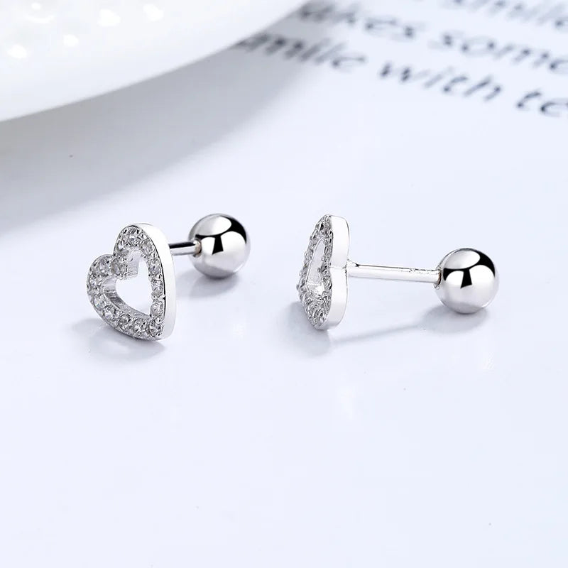 Romantic Heart Shiny CZ Beads Screw Stud Earrings DA2249