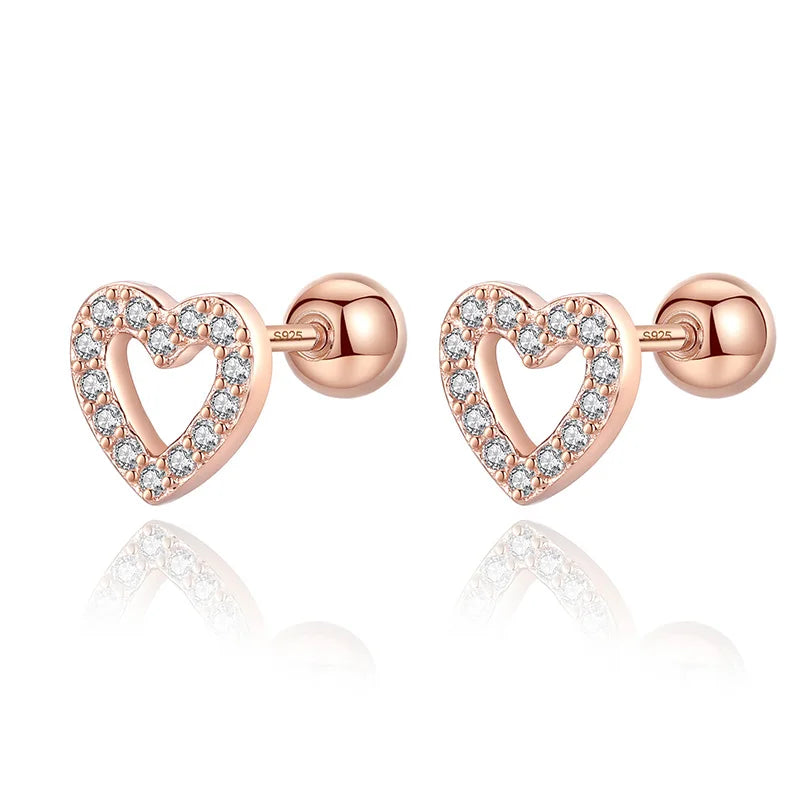 Romantic Heart Shiny CZ Beads Screw Stud Earrings DA2249