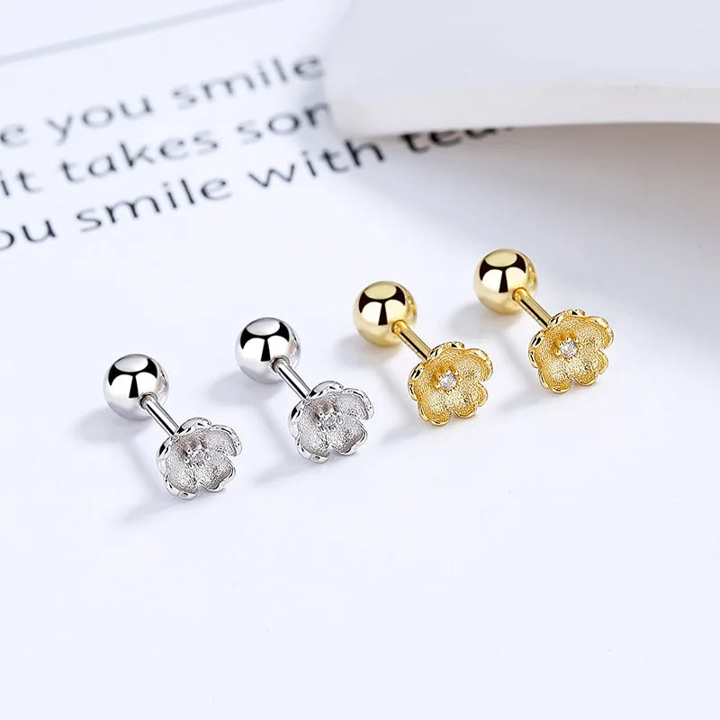 Screw Stud Earrings Flower Shiny CZ Earrings DA2556