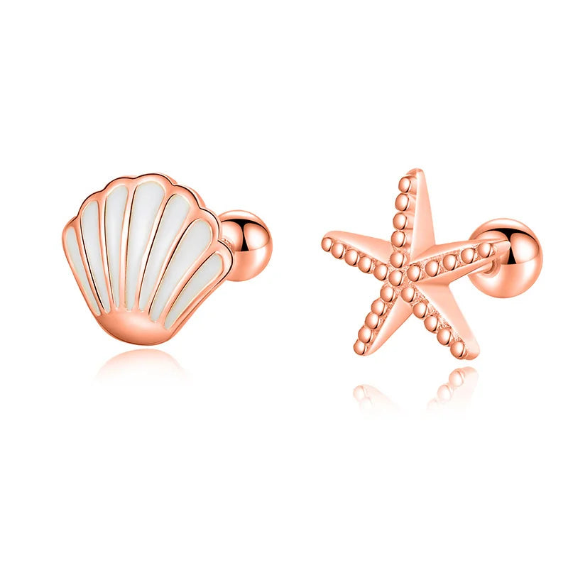 Sweet Asymmetric Starfish Shells Screw Stud Earring DA2157