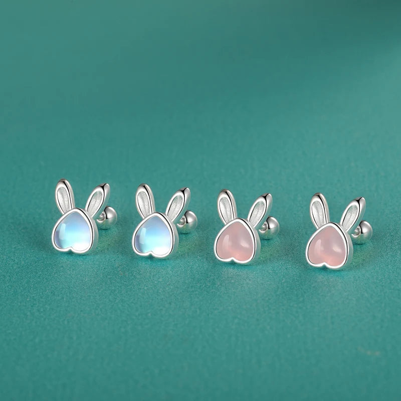 Kids Animal Rabbit Moonstone Screw Stud Earrings DF2044