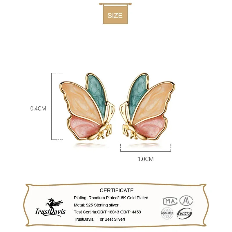 Trustadavis Real 925 Sterling Silver Fashion Sweet Color Insect Butterfly Stud Earrings For Women Wedding Party Jewelry DA289