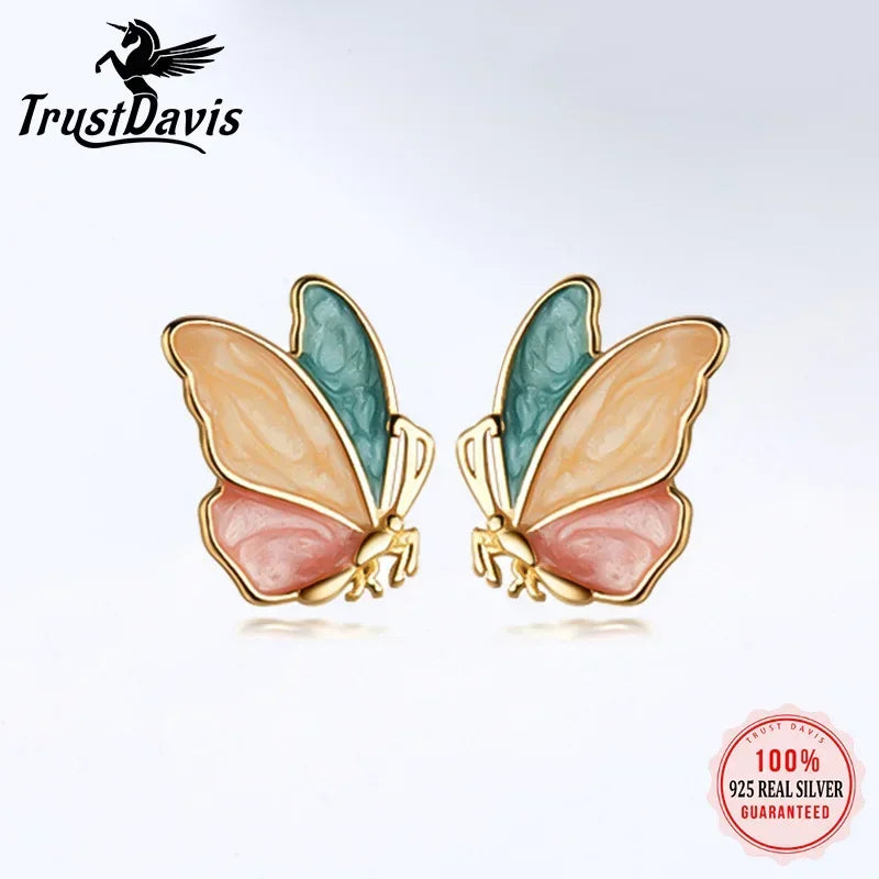Trustadavis Real 925 Sterling Silver Fashion Sweet Color Insect Butterfly Stud Earrings For Women Wedding Party Jewelry DA289
