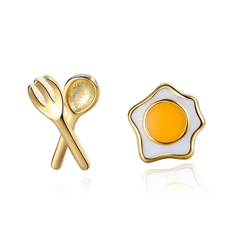 Fashion Asymmetric Knife Fork Poached Egg Stud Earrings DA1214