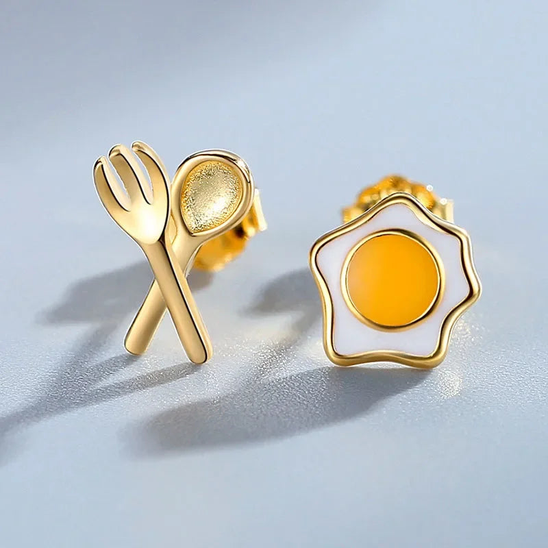 Fashion Asymmetric Knife Fork Poached Egg Stud Earrings DA1214