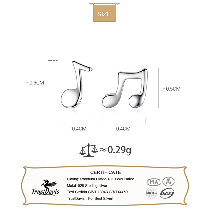 Trustdavis 925 Sterling Silver Fashion Tiny Asymmetric Music Notation Stud Earrings for Women Wedding Party S925 Jewelry DA1033