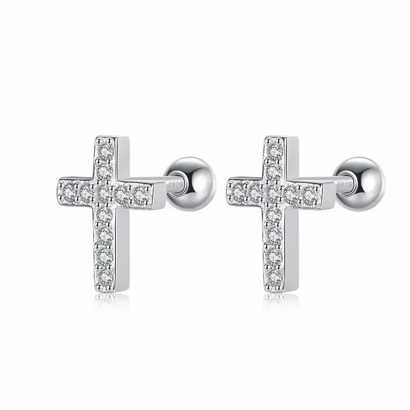 Cross Shiny CZ Bead Screw Stud Earrings DS1136