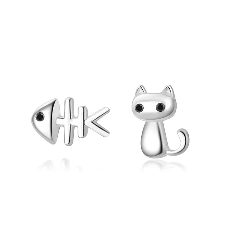 Sweet Asymmetric Cat Fish Bone CZ Stud Earrings DS2174