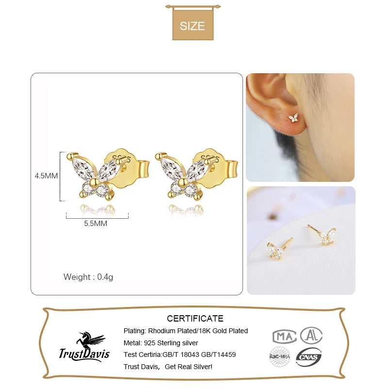 Trustdavis Real 925 Sterling Silver Fashion Sweet Insect Butterfly Shiny CZ Stud Earring For Women Wedding Fine Jewelry L252