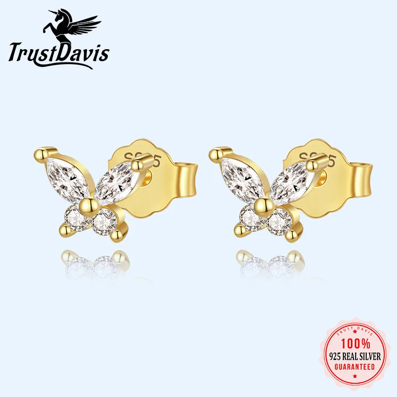 Trustdavis Real 925 Sterling Silver Fashion Sweet Insect Butterfly Shiny CZ Stud Earring For Women Wedding Fine Jewelry L252