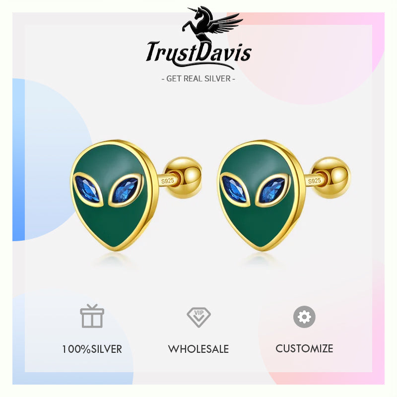 Kids Green Glaze Aliens CZ Screw Stud Earrings DF2020