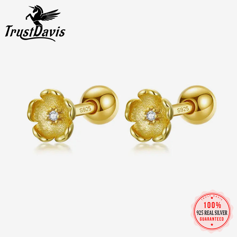 Screw Stud Earrings Flower Shiny CZ Earrings DA2556