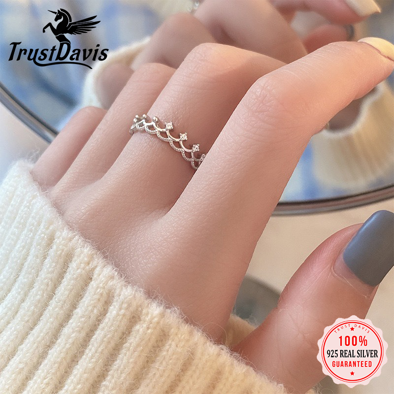 TrustDavis 925 Sterling Silver Fashionable and Luxurious Crown Open Ring for Women Girls Jewelry Gift DS4795