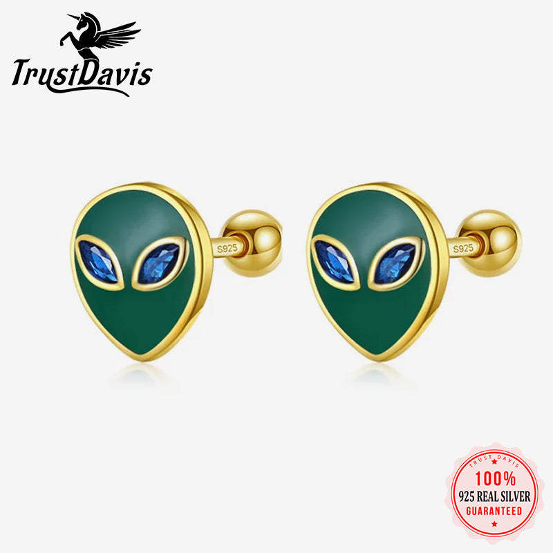 Kids Green Glaze Aliens CZ Screw Stud Earrings DF2020