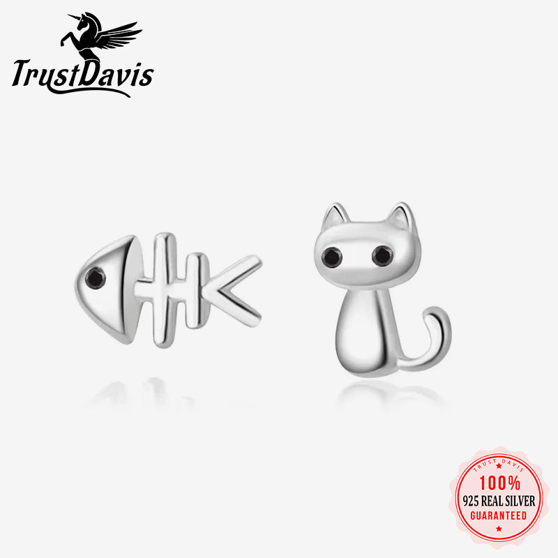 Sweet Asymmetric Cat Fish Bone CZ Stud Earrings DS2174