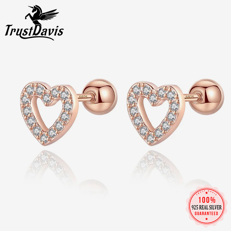 Romantic Heart Shiny CZ Beads Screw Stud Earrings DA2249