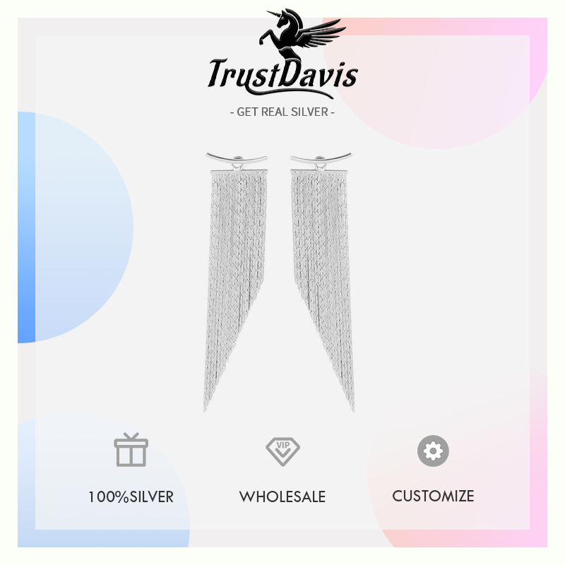 TrustDavis 925 Sterling Silver Women's High-end Waterfall Tassel Earrings for Women Girls Jewelry Gift DS4796