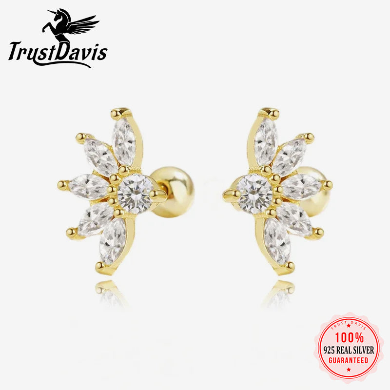 18K Gold Flower Clear CZ Beads Screw Earring DG0096