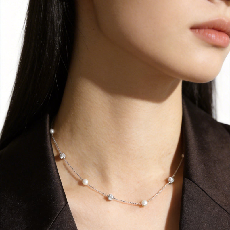 TrustDavis Real 925 Sterling Silver  Pearl Ball CZ Tassel Choker Necklace For Women Gift Fine Jewelry DA2337