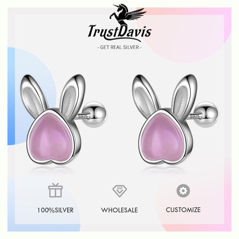 Kids Animal Rabbit Moonstone Screw Stud Earrings DF2044