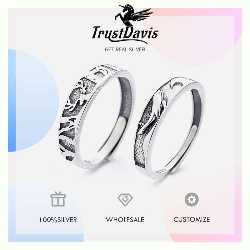 TrustDavis Real 925 Sterling Silver Fresh and Natural Style Whale and Deer Couple Rings with Open Top for Women/Men Girls Fine Jewelry Gift DS4781